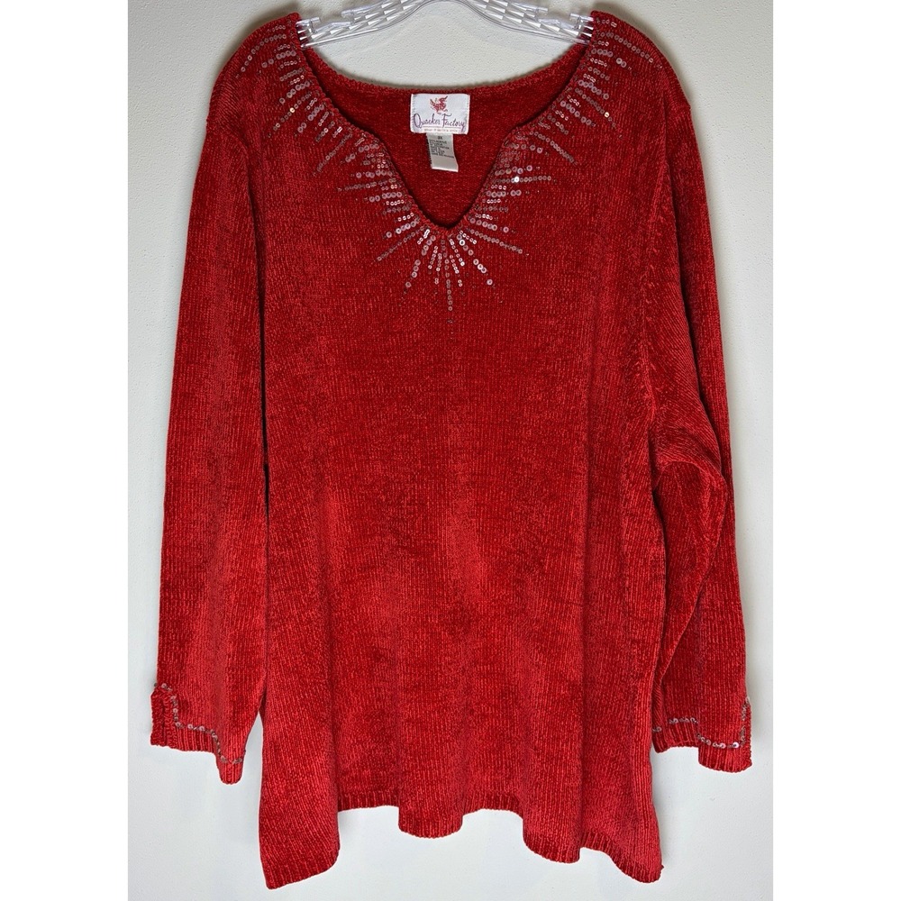 Vintage Quacker Factory Red Sequin V-Neck Knit Pullover Sweater Womens Plus 3X